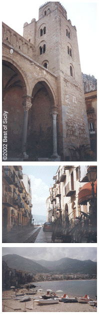 Views of Cefalu: cathedral, streets, beach.